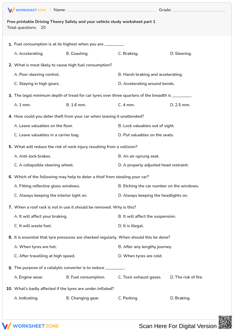 Free printable Driving Theory Safety and your vehicle study worksheet part 1