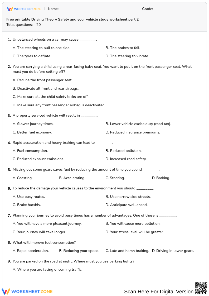 Free printable Driving Theory Safety and your vehicle study worksheet part 2
