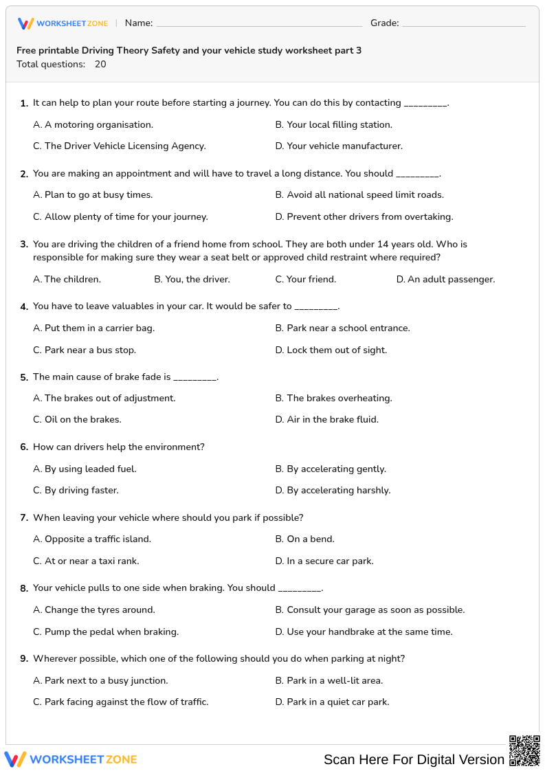 Free printable Driving Theory Safety and your vehicle study worksheet part 3