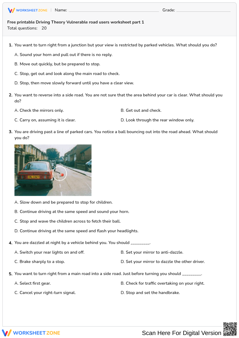 Free printable Driving Theory Vulnerable road users worksheet part 1