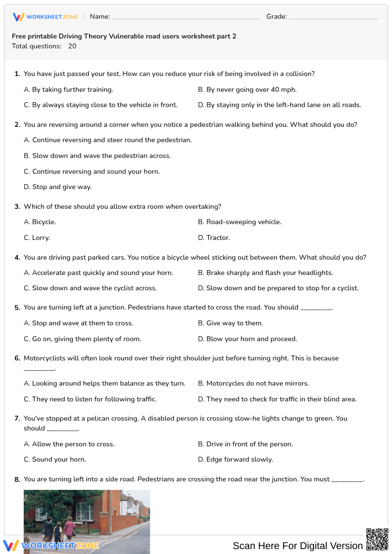 Free printable Driving Theory Vulnerable road users worksheet part 2