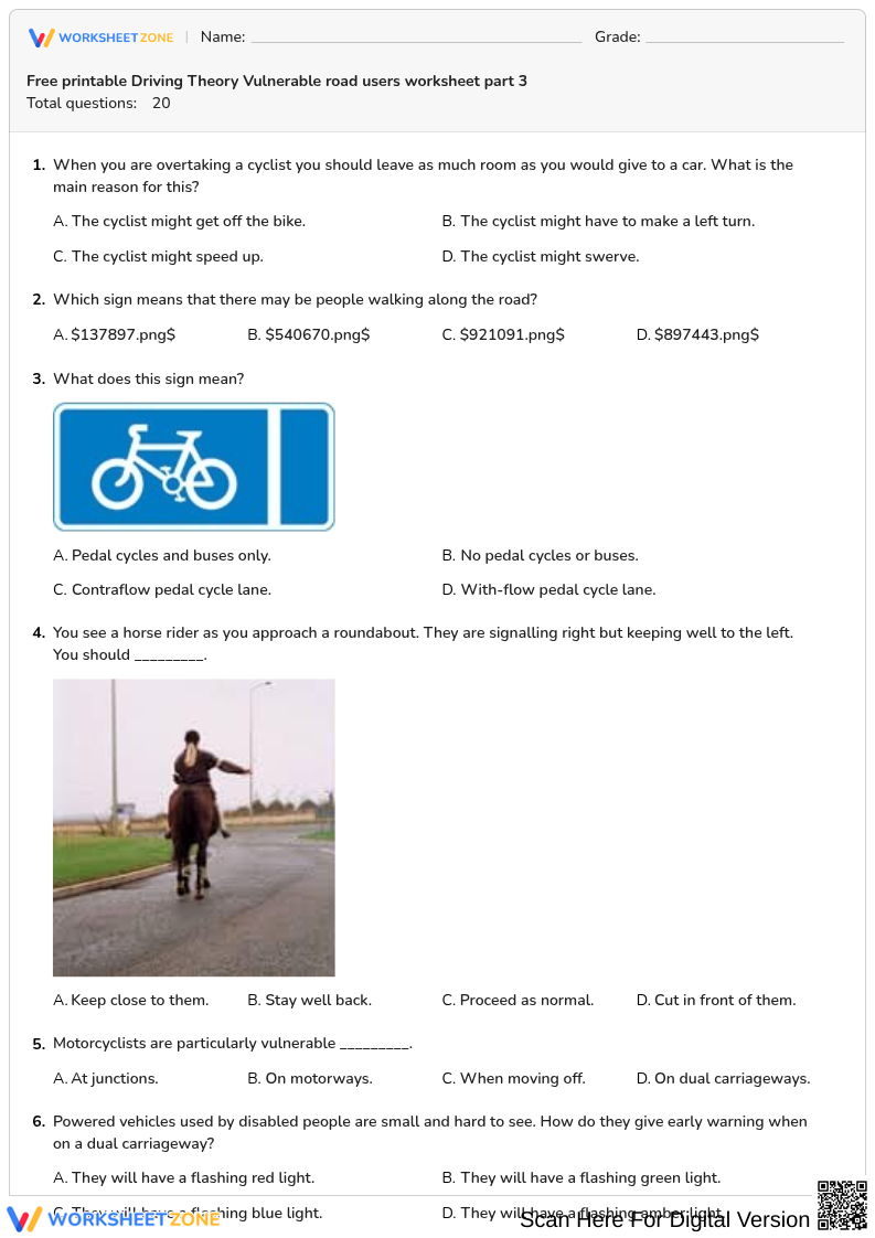Free printable Driving Theory Vulnerable road users worksheet part 3