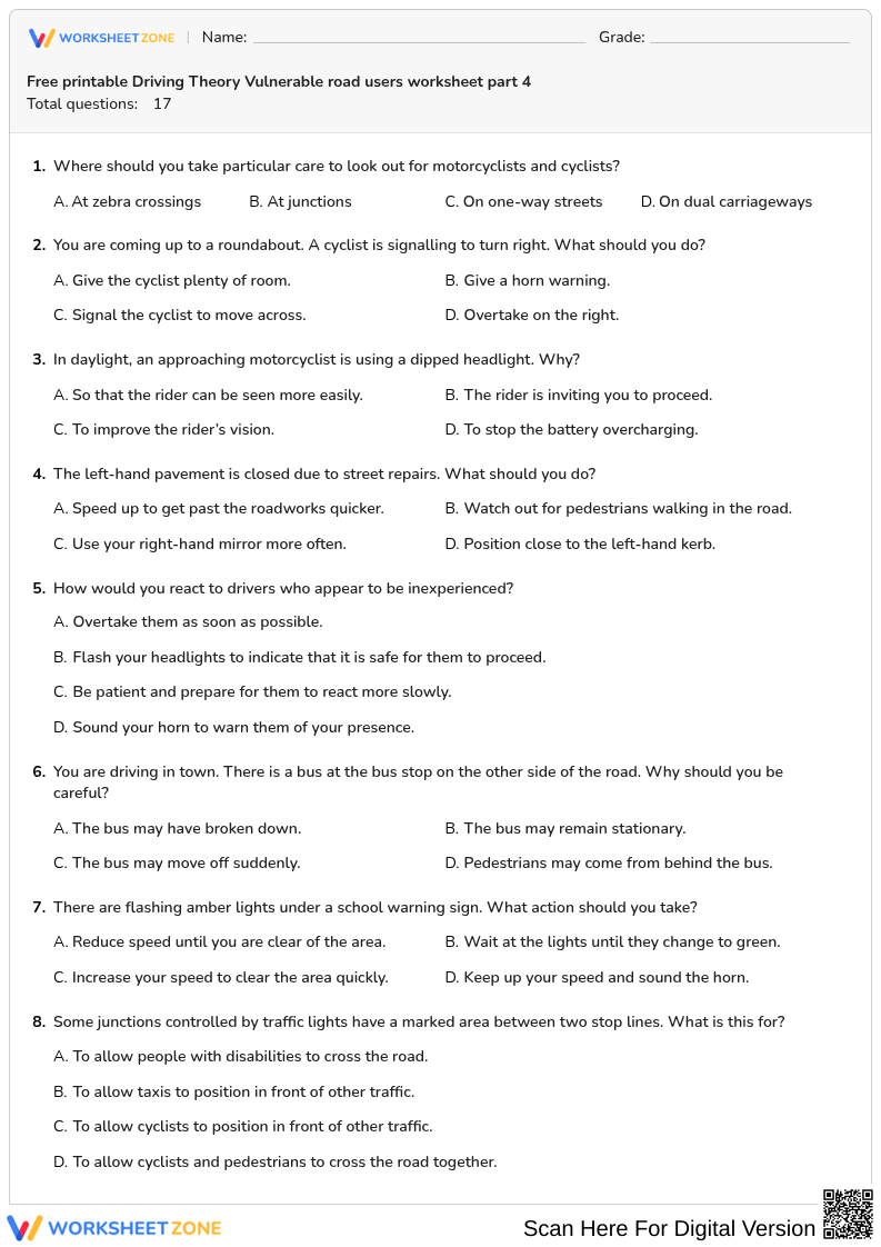 Free printable Driving Theory Vulnerable road users worksheet part 4