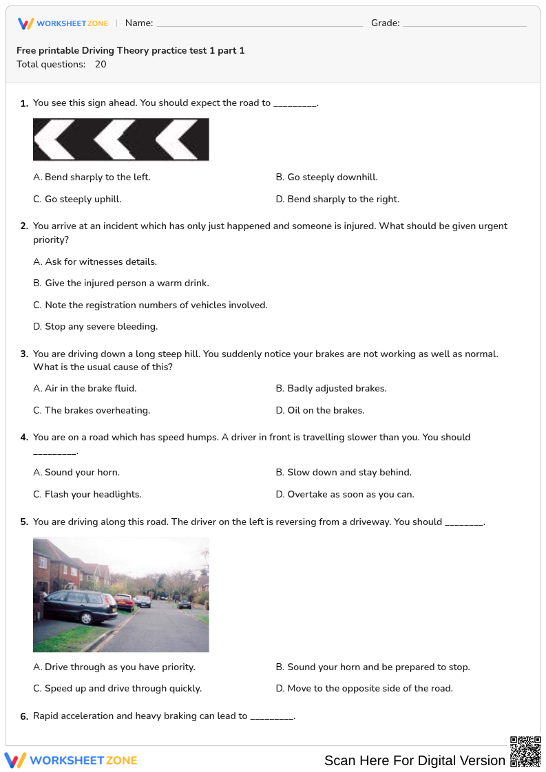 Free printable Driving Theory practice test 1 part 1