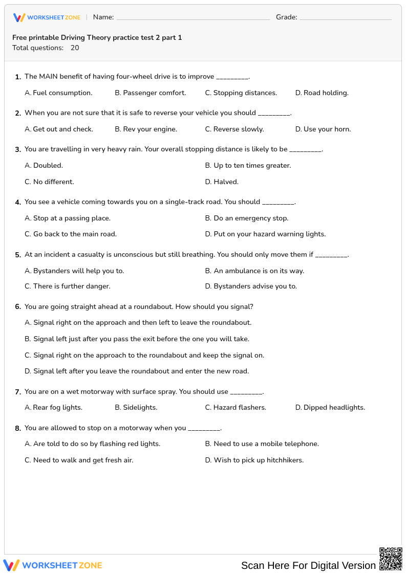 Free printable Driving Theory practice test 2 part 1
