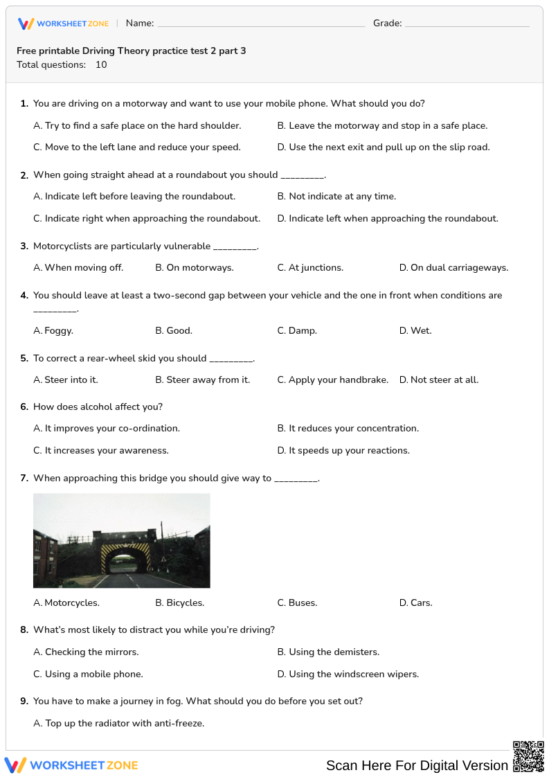 Free printable Driving Theory practice test 2 part 3