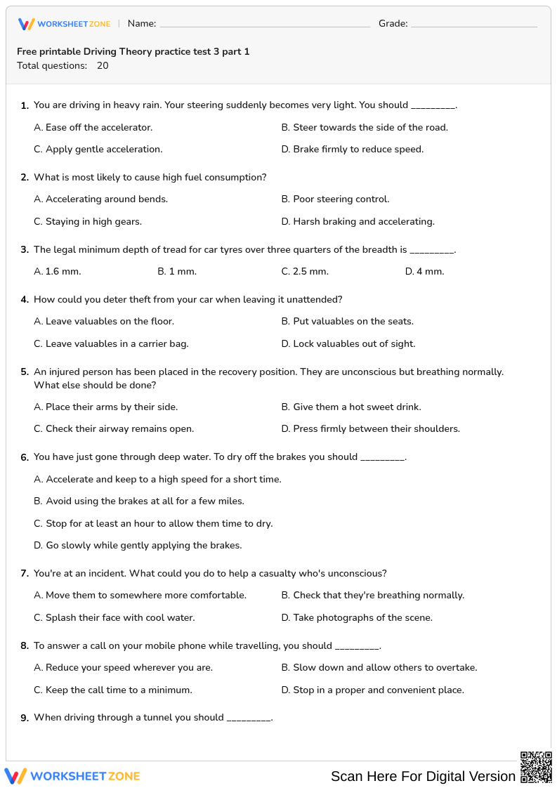 Free printable Driving Theory practice test 3 part 1