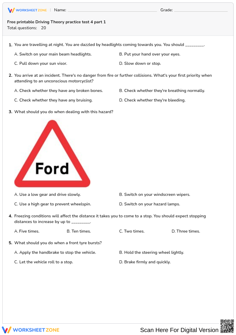 Free printable Driving Theory practice test 4 part 1
