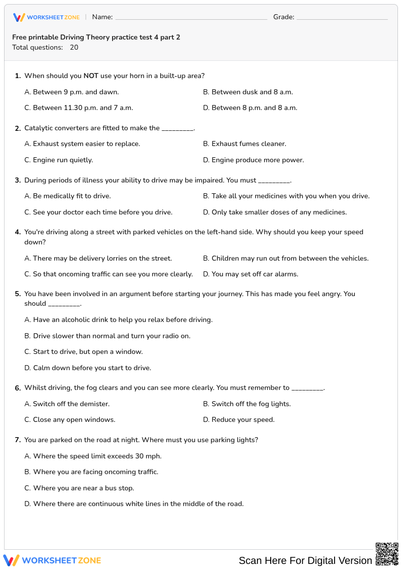 Free printable Driving Theory practice test 4 part 2