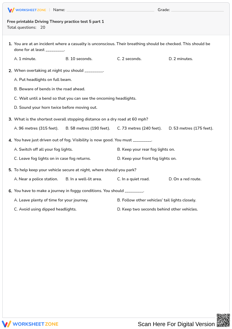 Free printable Driving Theory practice test 5 part 1