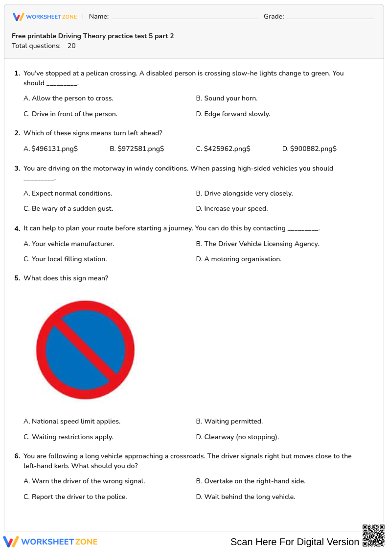 Free printable Driving Theory practice test 5 part 2