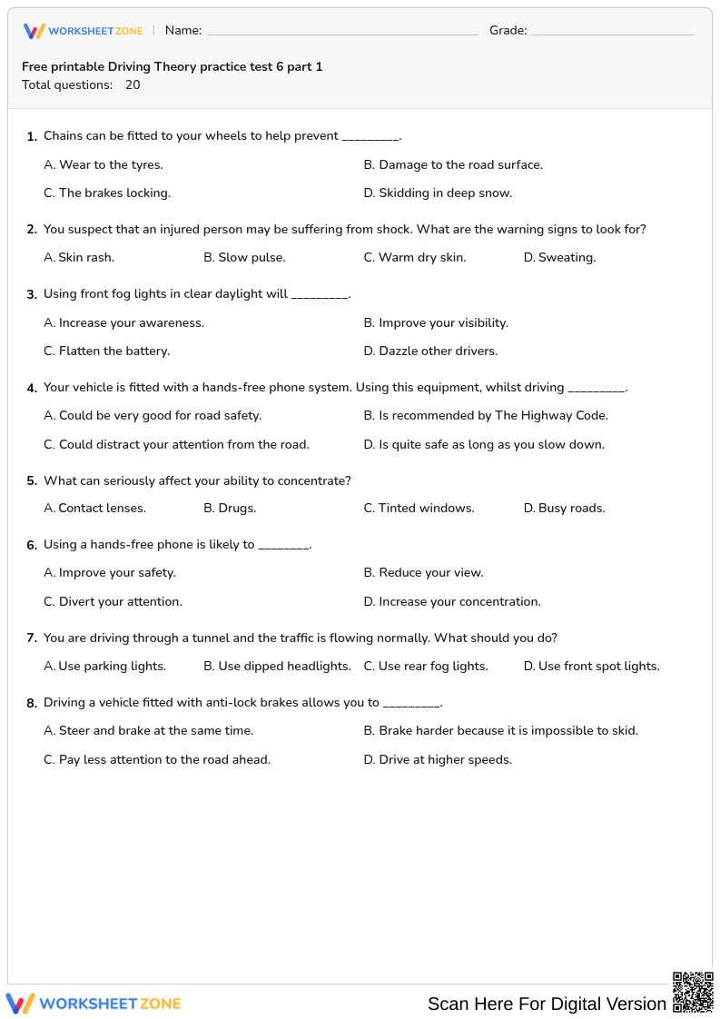 Free printable Driving Theory practice test 6 part 1