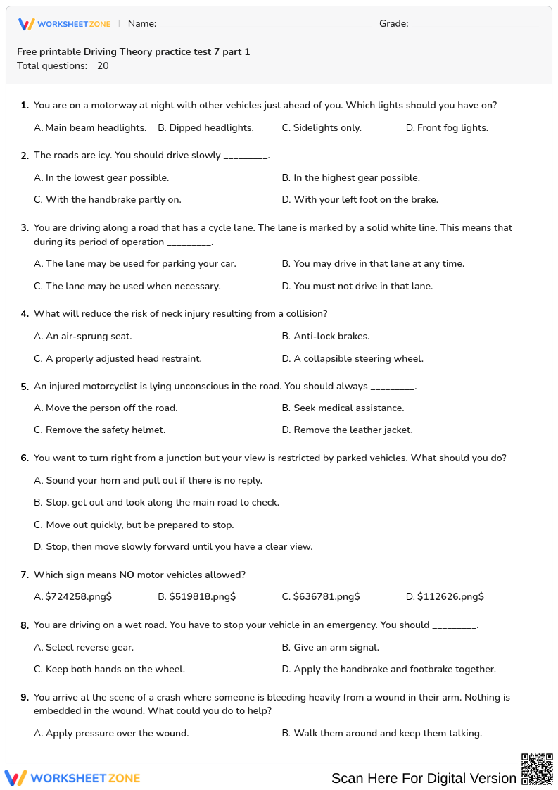 Free printable Driving Theory practice test 7 part 1