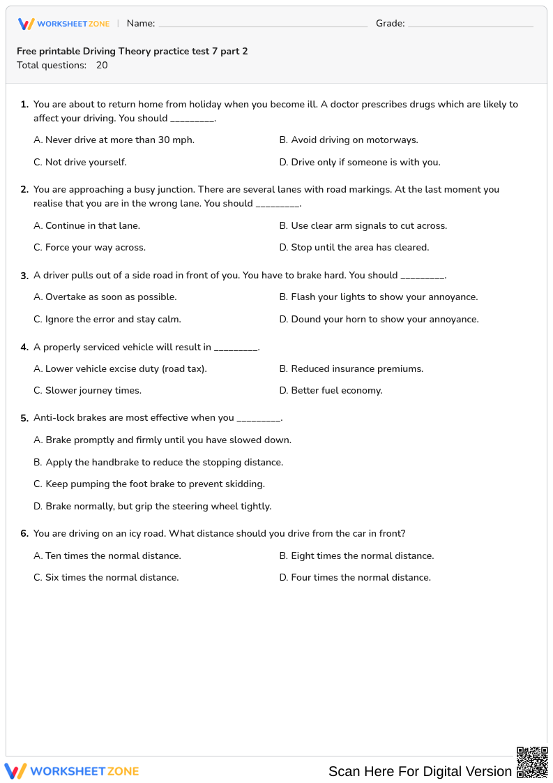 Free printable Driving Theory practice test 7 part 2