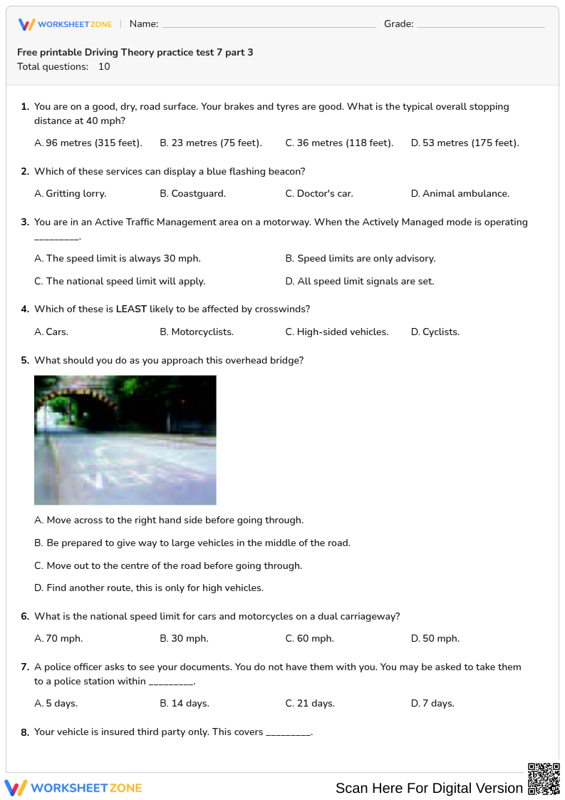 Free printable Driving Theory practice test 7 part 3