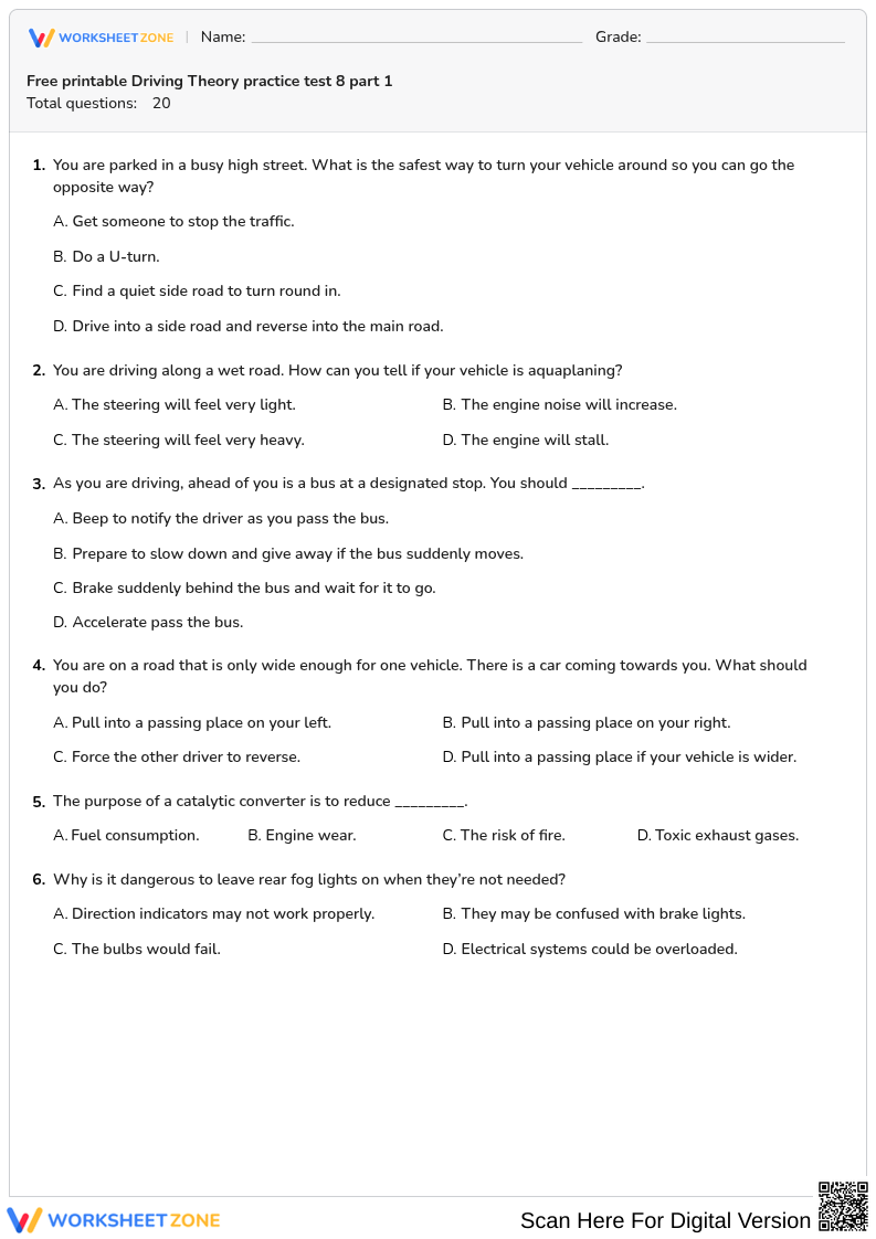 Free printable Driving Theory practice test 8 part 1