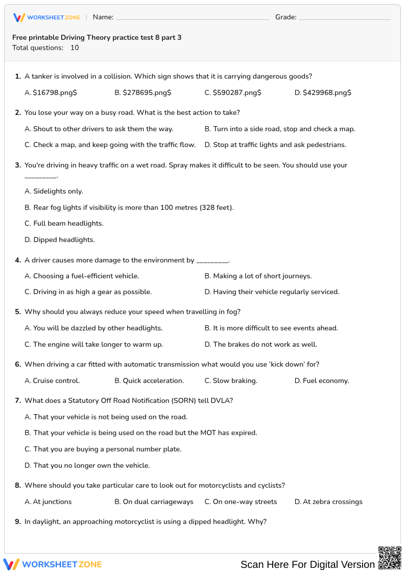Free printable Driving Theory practice test 8 part 3