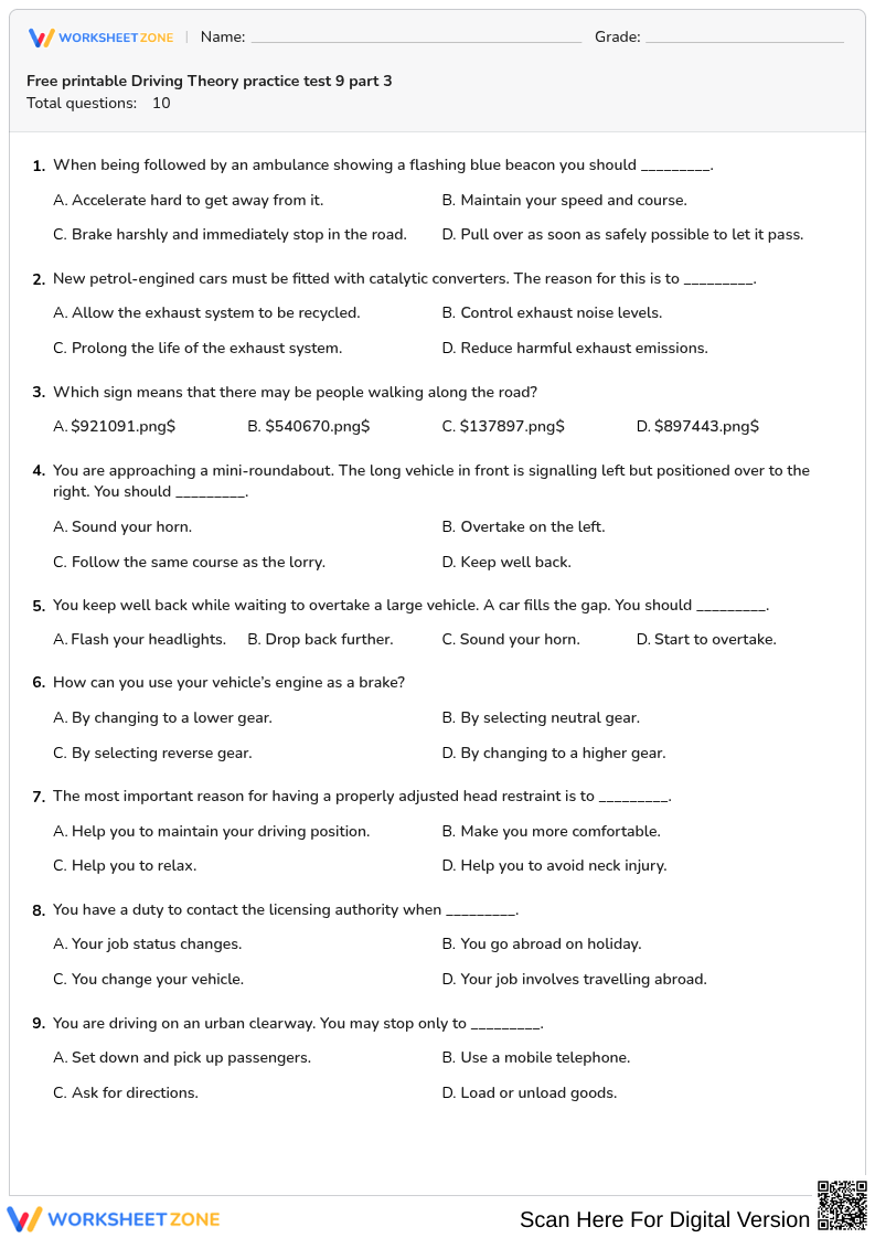 Free printable Driving Theory practice test 9 part 3
