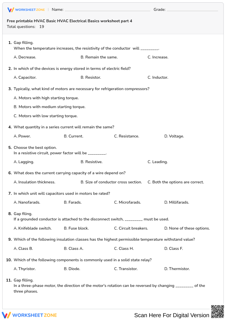 Free printable HVAC Basic HVAC Electrical Basics worksheet part 4