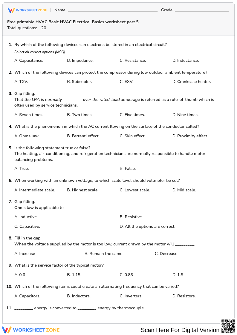 Free printable HVAC Basic HVAC Electrical Basics worksheet part 5