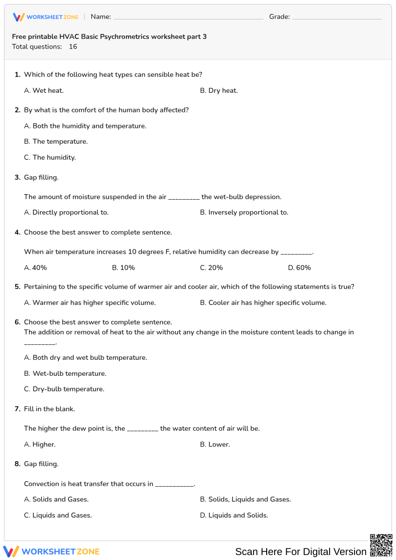 Printable HVAC Psychrometrics Quiz | Grade 11-12