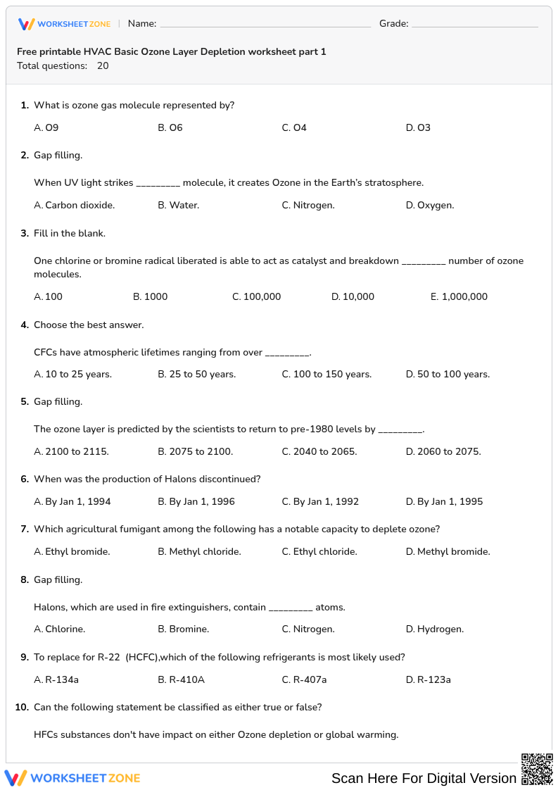 Free printable HVAC Basic Ozone Layer Depletion worksheet part 1