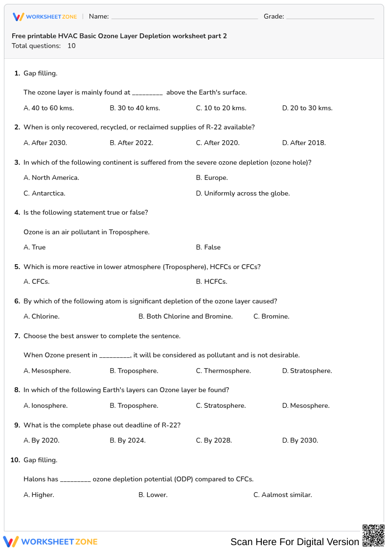 Free printable HVAC Basic Ozone Layer Depletion worksheet part 2