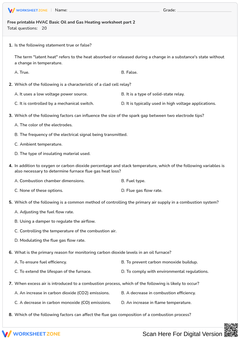 Free printable HVAC Basic Oil and Gas Heating worksheet part 2