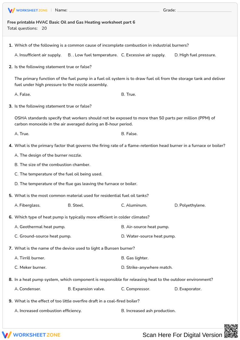 Free printable HVAC Basic Oil and Gas Heating worksheet part 6