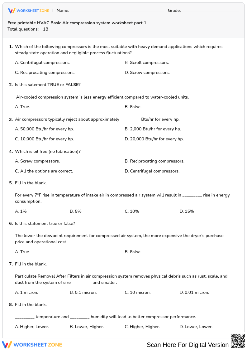 Free printable HVAC Basic Air compression system worksheet part 1