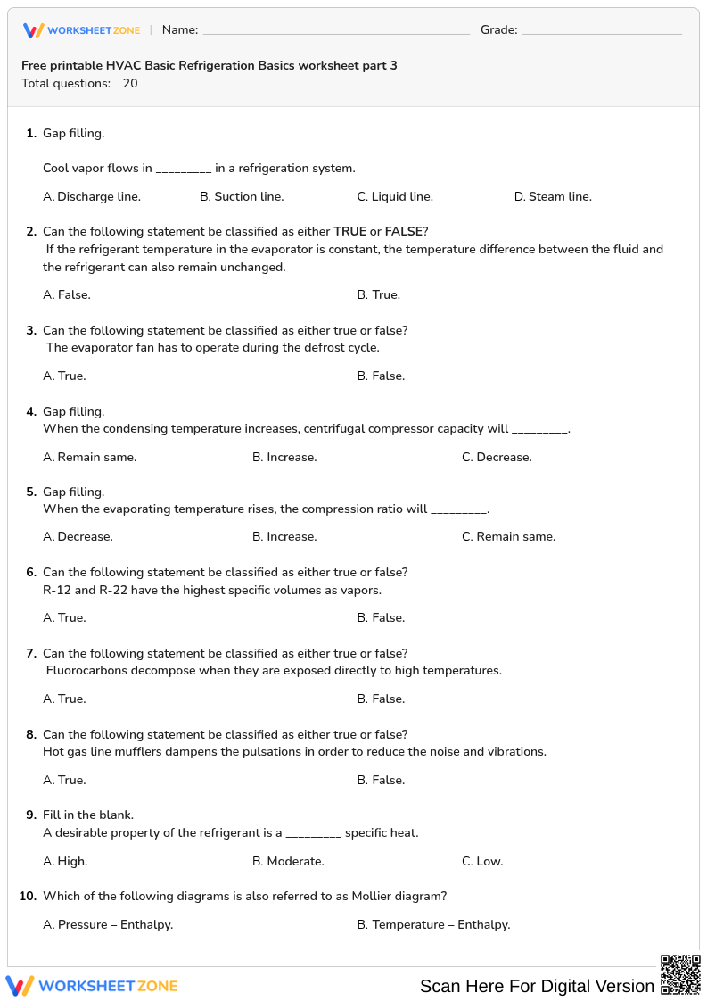 Free printable HVAC Basic Refrigeration Basics worksheet part 3