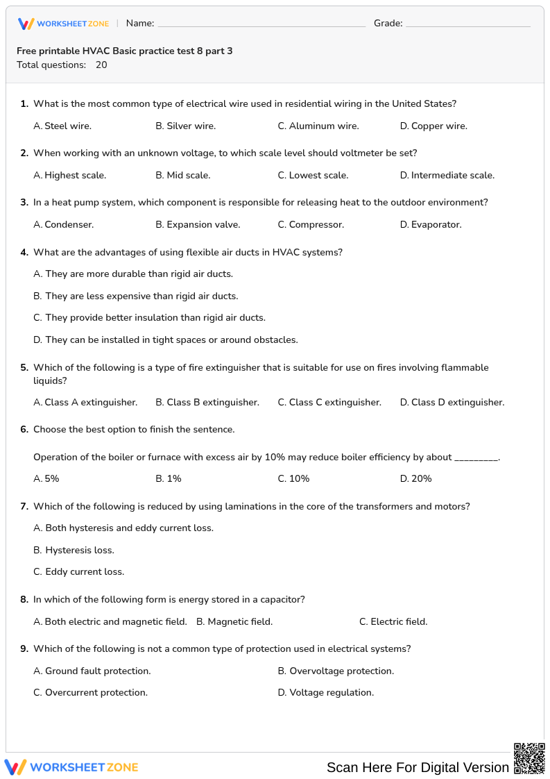 Free printable HVAC Basic practice test 8 part 3