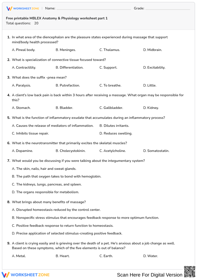 Free printable MBLEX Anatomy & Physiology worksheet part 1