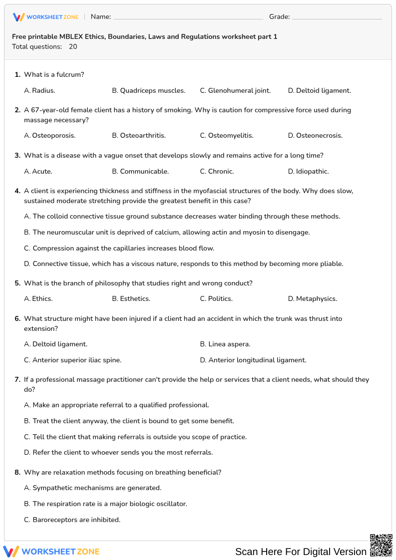 Free printable MBLEX Ethics, Boundaries, Laws and Regulations worksheet part 1