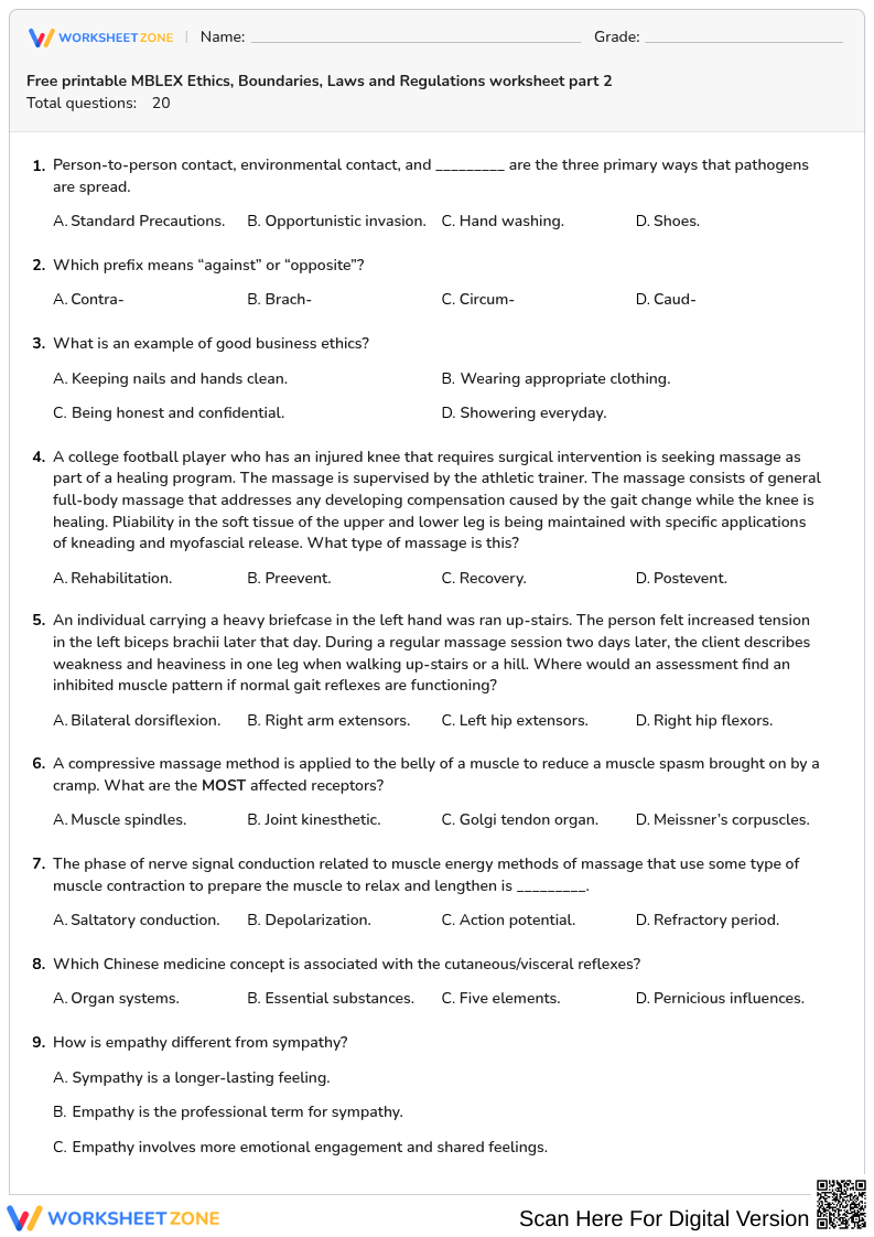 Free printable MBLEX Ethics, Boundaries, Laws and Regulations worksheet part 2