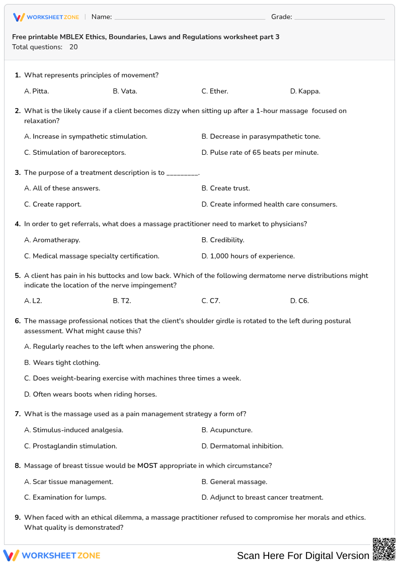 Free printable MBLEX Ethics, Boundaries, Laws and Regulations worksheet part 3