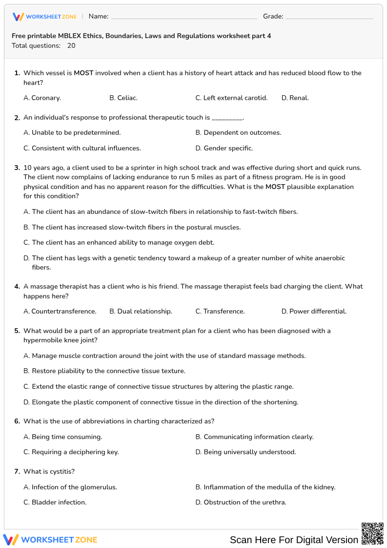 Free printable MBLEX Ethics, Boundaries, Laws and Regulations worksheet part 4