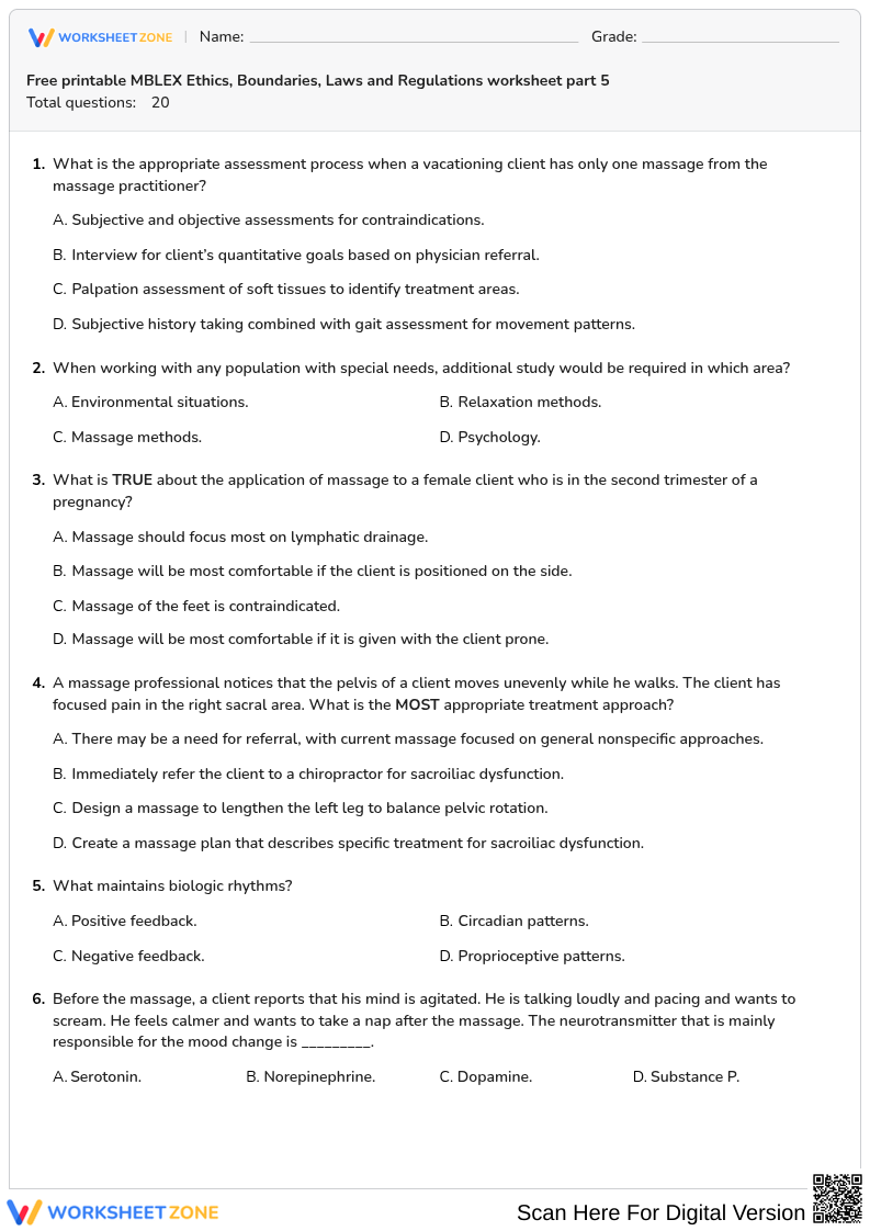 Free printable MBLEX Ethics, Boundaries, Laws and Regulations worksheet part 5