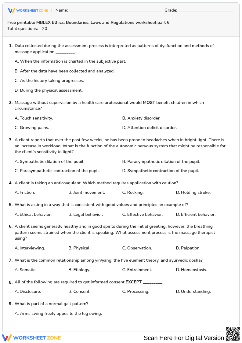 Free printable MBLEX Ethics, Boundaries, Laws and Regulations worksheet part 6