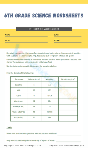 Density Science Worksheet