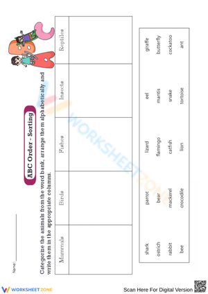 Animal Classification Worksheet – ABC Order