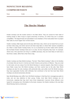 Essential Howler Monkey Reading Worksheet | Grade 7 ELA