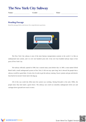 Grade 5 NYC Subway Reading — Printable No-Prep Worksheet