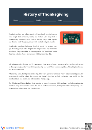 Printable Thanksgiving Reading Worksheet | Grade 5