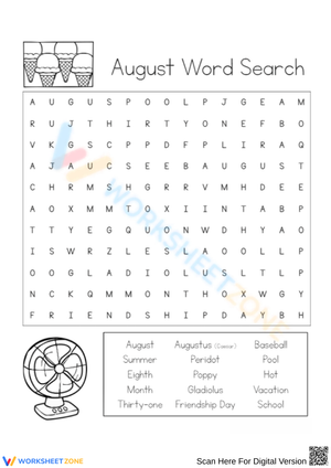 August-Themed Word Search Puzzle for Summer Learning