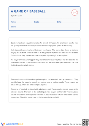 Grade 4 Baseball Reading — Printable No-Prep Worksheet