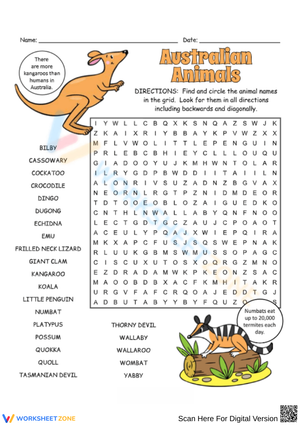 Australian Animals Word Search