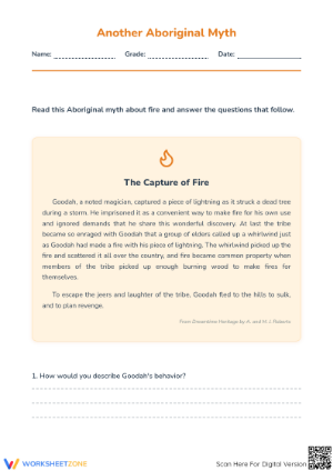 Grade 3 Aboriginal Myth — Printable No-Prep Worksheet