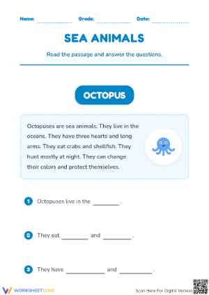 Sea Animals Reading Comprehension | Grade 1 Printable