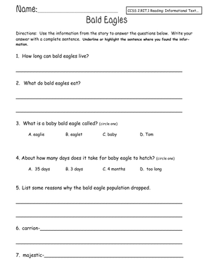Grade 5 Bald Eagles — Printable No-Prep Worksheet